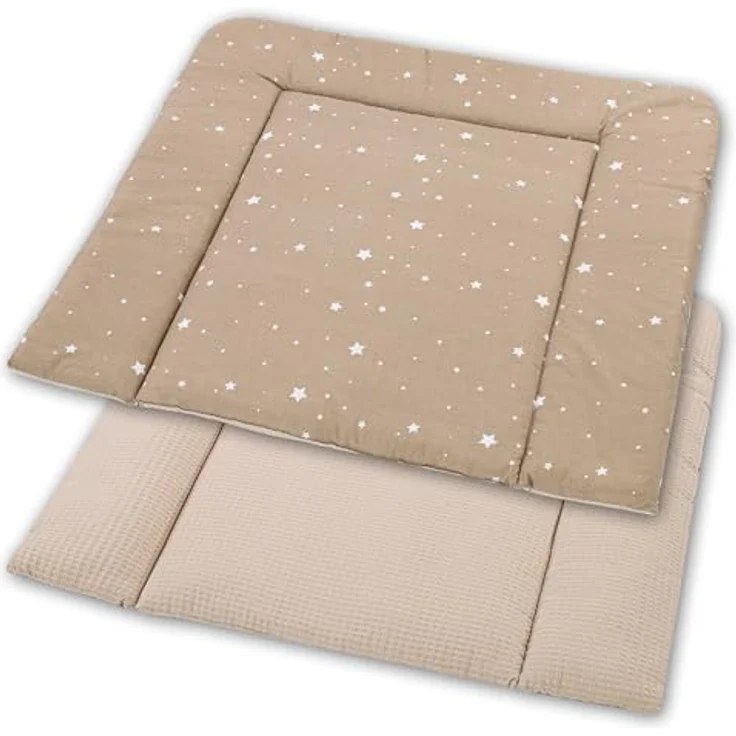 Wickelauflage Wickelunterlage aus Baumwolle 75x72 cm - Weich und waschbar Wickelunterlage für Babys Wickelmatte aus Stoff für Wickeltisch Wickelkommode oder Waschmaschine 75x72 Beige mit Weiß Sternen – Bild 3