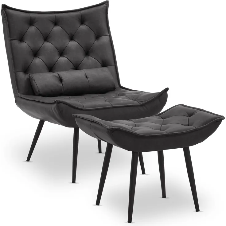 MCombo Sessel mit Hocker, moderner Relaxsessel mit Taillenkissen für Wohnzimmer, Retro Vintage Lesesessel Loungesessel Stuhl Polstersessel, Kunstleder,4778MB (Dunkelgrau)