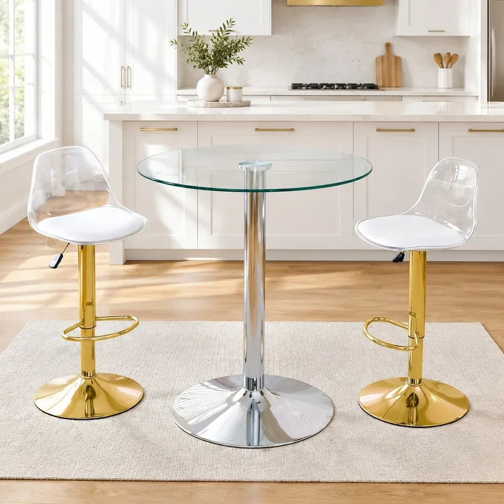 Bartisch-Set mit Glasplatte & 2 drehbaren Barhockern, Ø 89x92 cm, transparent/goldfarben