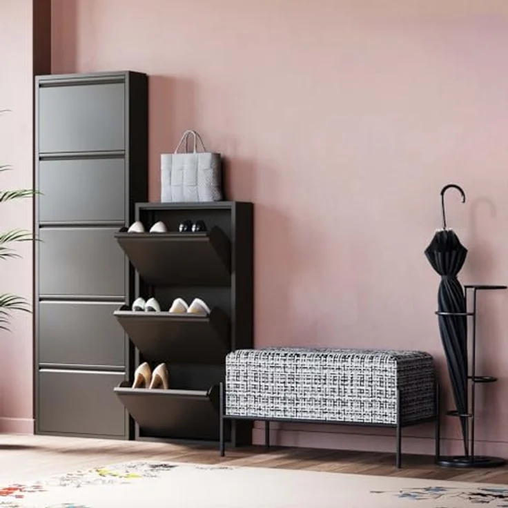 Kare Design Schuhschrank Caruso, Schwarz, Stahl, mit 3 Klappen, Schuhablage für 6 Paar Schuhe, schmal, platzsparend, hoch, Schuhregal, Eingangsbereich, 104 x 50 x 15 cm (H/B/T) – Bild 3