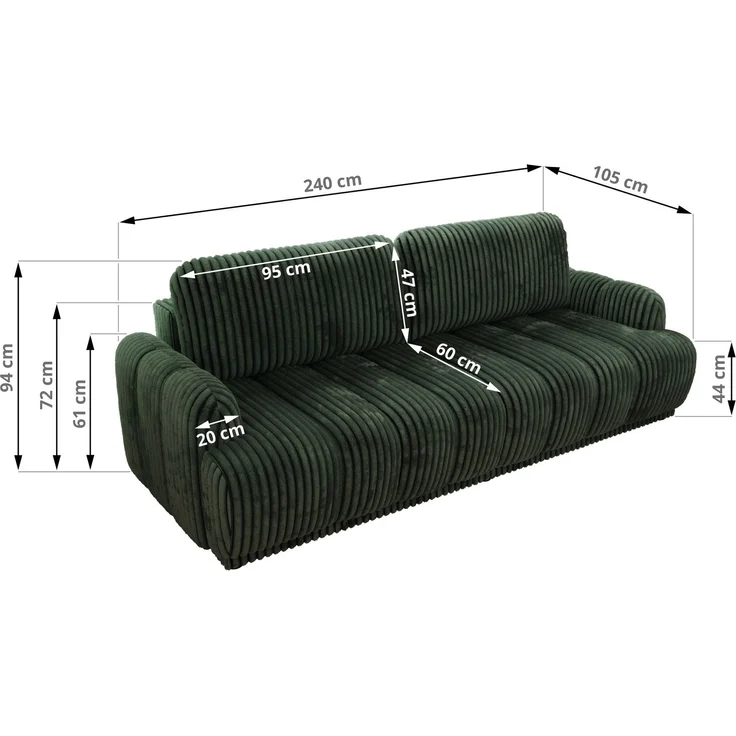 Schlafsofa ACCORDO 3-Sitzer mit Schlaffunktion, DL-Mechanismus, Wellenfederung & Massivholz, freistehend rundum bezogen - Grün Cordstoff – Bild 7