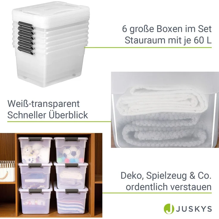 Juskys Aufbewahrungsbox mit Deckel, 6er-Set, stapelbar, Kunststoff transparent, 60 Liter – Bild 3