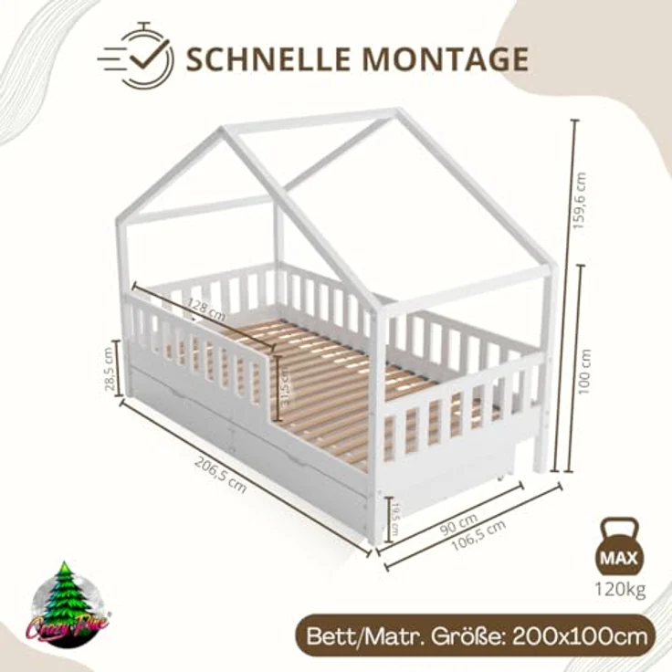 Crazy Pine 'Crazy House' Hausbett mit abnehmbaren Rausfallschutz, Naturholz, Weiß, 100x200 cm, mit Schubladen – Bild 3