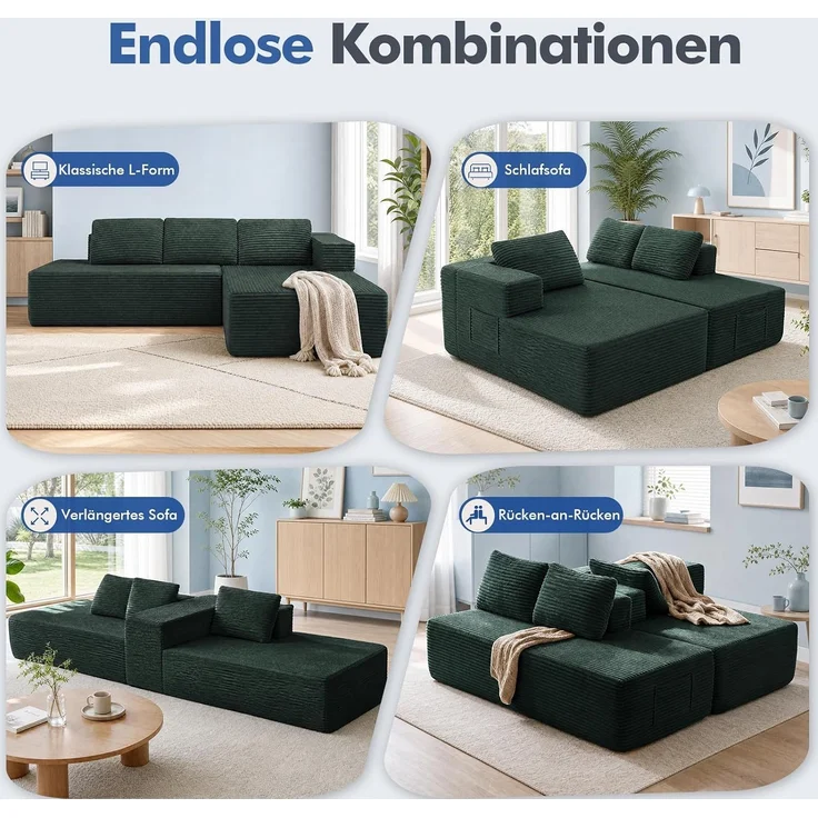 COMHOMA Ecksofa mit Schlaffunktion, 228cm Corduroy Modulares Boneless Couch mit Chaiselongue & Rücken-Metallgestell, L-Form Schlafsofa mit offenem Design, Kissen & Seitentaschen,für Wohnzimmer, Grün-L – Bild 6