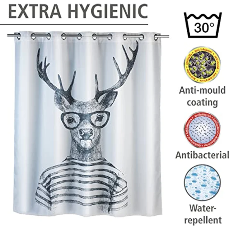 WENKO MR. DEER Duschvorhang 180 x 200 cm, Weiß/Grau, waschbar, Polyester – Bild 5
