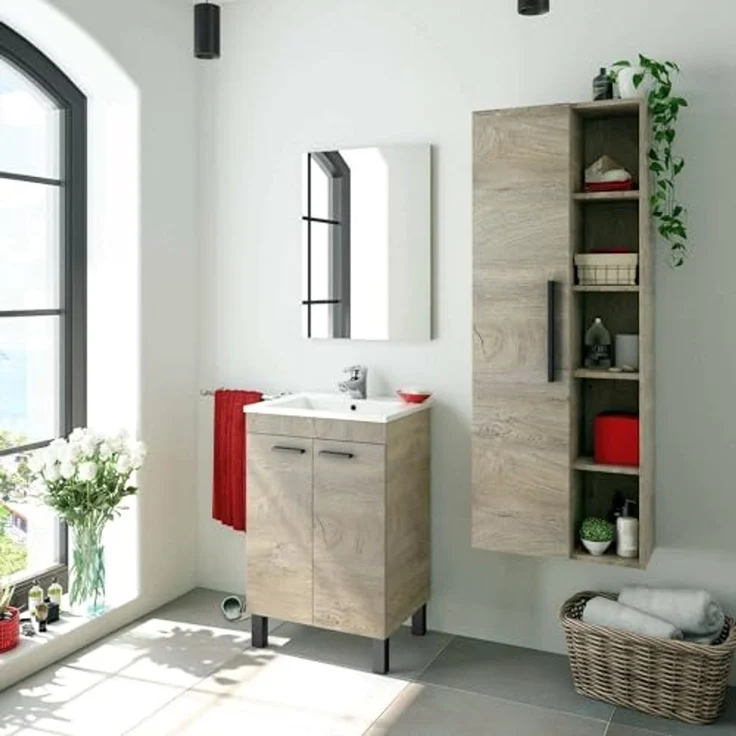 Dmora - Säulenschrank LosAngeles, 1-türiger Badezimmerschrank, Hängewandschrank mit 5 Regalen, 51x25h135 cm, Eiche – Bild 1