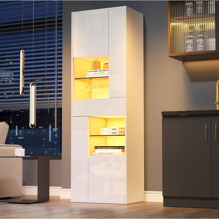 DESVIAE Vitrine mit LED-Beleuchtung und Schublade 55x170x38 cm Spanplatte Weiß