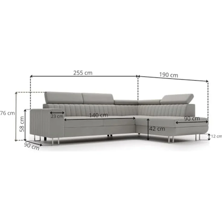 GrainGold Ecksofa mit Schlaffunktion und Bettkasten BERONA L - 255x190 cm, Grau, verstellbare Kopfstützen, Samt – Bild 3