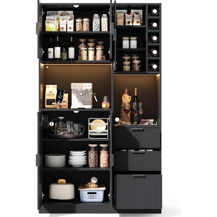 Küchenbuffetschrank 105x40x180 cm mit Weinregal, Schubladen und LED-Beleuchtung – Schwarz – Bild 7