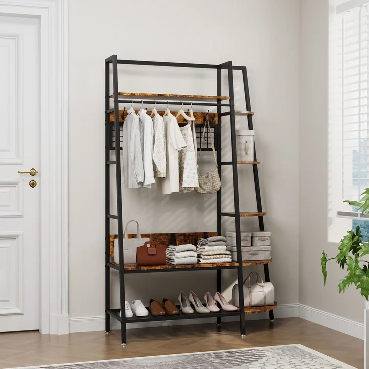 Freistehende, offene Garderobe im Industriestil mit Ablagen – Retro-braune Hängegarderobe für Schlafzimmer, Wohnzimmer und Homeoffice – Multifunktionale Aufbewahrung für Kleidung und Schuhe – Schwarz + Braun – 118 x 41,5 x 183 cm – YOUDENOVA – Bild 3