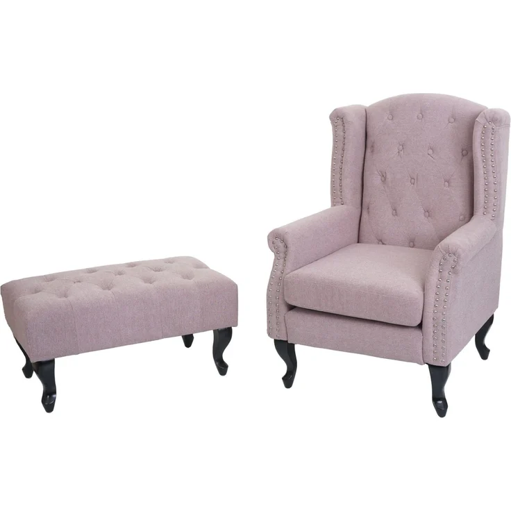 Sessel Chesterfield, Relaxsessel Clubsessel Ohrensessel, wasserabweisend Stoff/Textil ~ hellrosa mit Ottomane – Bild 5