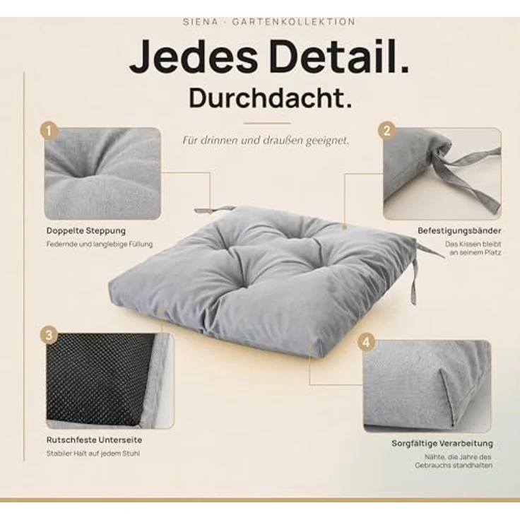 Bjird Stuhlkissen 45x45 cm - Wasserdichtes Gartenkissen für Stühle & Sessel, Wetterfest & Pflegeleicht - Dickes Sitzkissen 6 cm - Outdoor geeignet – Bild 4