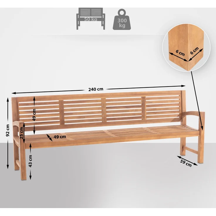 Gartenbank Teakbank DAGAD - Holz Teak 240x59x92 cm | Holzbank 240 Cm Gartenbank Sitzbank Mit Lehne Wetterfest Bank Garten Terrasse – Bild 2
