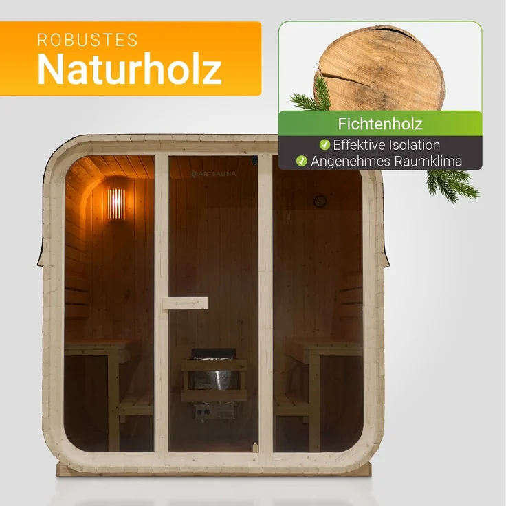 Artsauna Cube Fasssauna Fjora, Gartensauna für 6 Personen aus Fichte, 9 kW Saunaofen, LED-Beleuchtung, Zubehörset mit Sanduhr & Thermometer – Bild 3