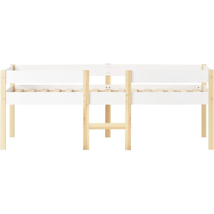 Bett Kinderbett mit Rausfallschutz, Kiefer-Vollholz-90x200 cm-Weiß & Eiche – Bild 6