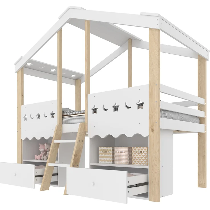 Bett in Hausform 90x200 cm mit LED-Beleuchtung und Schubladen – halbhohes Kinderbett aus Kiefernholz, Weiß/Natur – Bild 7
