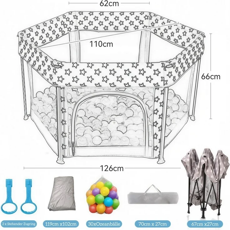 SEHAUSEU Laufgitter Laufstall baby zusammenfaltbar Krabbelgitter mit Spielmatte, mit Ozeanbällen, Tragetasche, Stehender Zugring – Bild 1