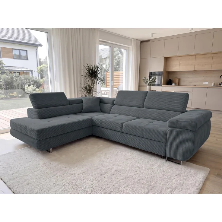 AX LIVING Konak Cord-Schlafsofa L Dunkelgrau 276 cm mit Bettkasten & Kopfstützen