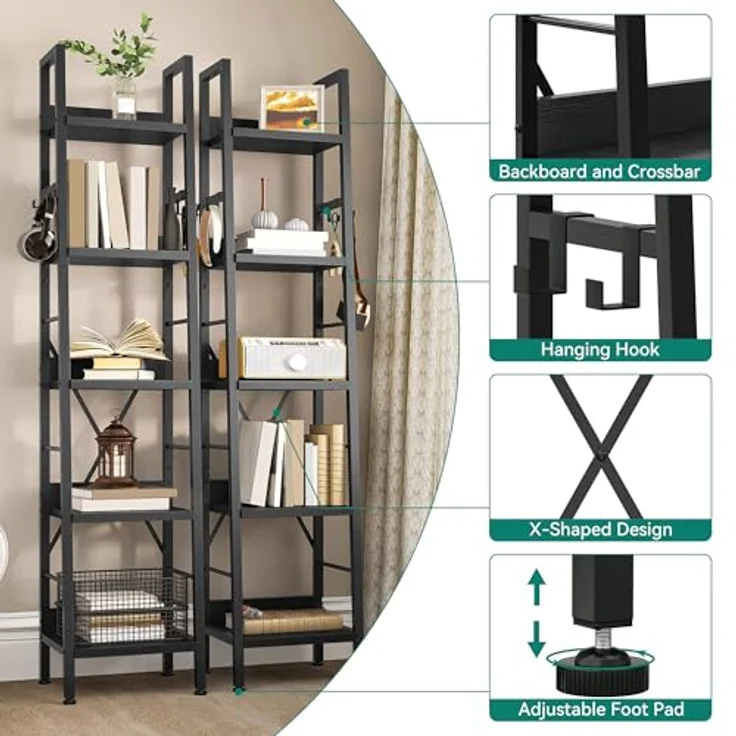 YITAHOME Bücherregal mit 5 Ebenen, hohes, schmales dünnes Holzregale und Metallrahmen, modernes Regal für Wohnzimmer, Flur, Büro, schwarzes – Bild 4