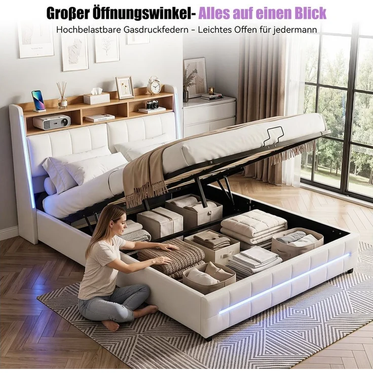 oyajia Polsterbett 140x200 cm Stauraumbett LED Doppelbett (Mit LED und USB & Type-C Ladeanschluss, Bluetooth-Lautsprecher, verstellbares Kopfteil,ohne Matratze), Bettgestell mit Bettrahmen und Lattenrost,Hydraulische Bett, Leinen – Bild 2