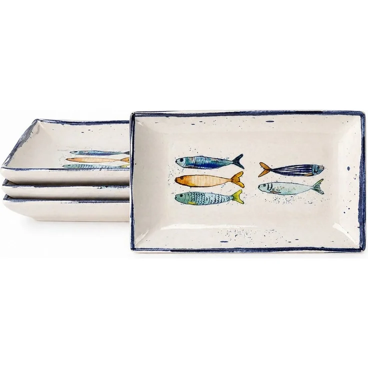 WestCraft Speiseteller Teller, mediterran mit Sardinen-Motiv, Maritime Servierplatte 25×15cm, (4 St), 2er Set, hochwertig und robust - langlebig und vielseitig einsetzbar – Bild 1