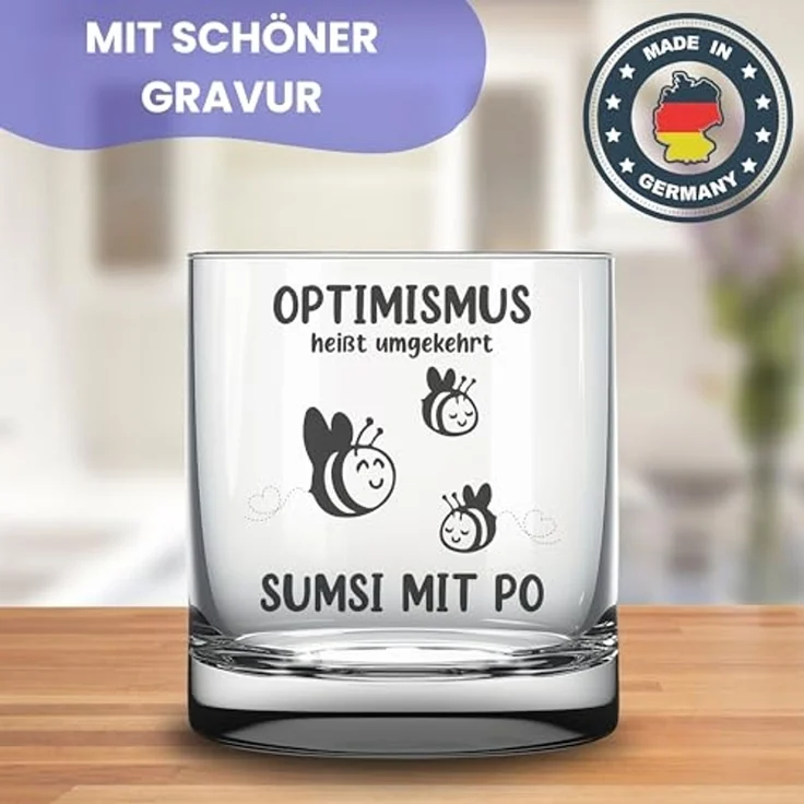 Lasernauten Whiskyglas Glas mit Gravur "Optimismus - Sumsi mit Po" lustiges Geschenk Bienchen, mit Gravur – Bild 3