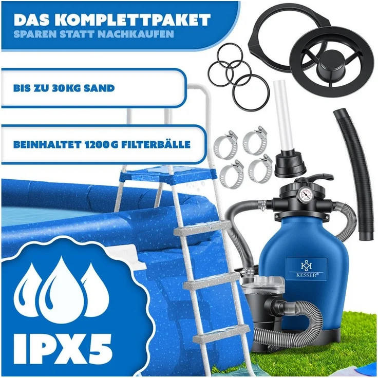 KESSER Sandfilteranlage 600W Sandfilter für Pools 13200L/h Durchfluss Poolfilter 7-Wege Ventil (Filteranlage mit Pumpe, 1200g Filterbälle Druckmanometer, Abdeckung), Tankvolumen für bis 30kg Sand Professionelle Poolwasserfilterung – Bild 4