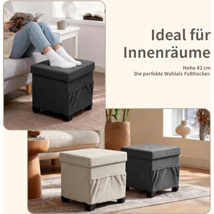 Zedelmaier Sitzhocker mit Stauraum, Hocker mit Beinen,Aufbewahrungsbox mit Deckel,Fußhocker, bis 150 kg belastbar, für Eingang, Wohnzimmer, Schlafzimmer (Dunkelgrau) – Bild 4