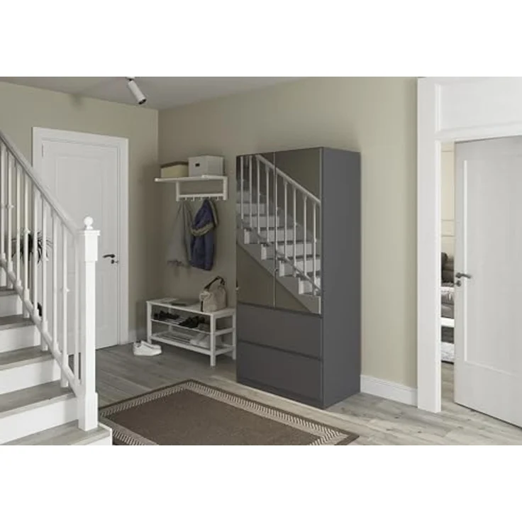 Rauch Möbel Costa, Kleiderschrank für Schlafzimmer, Kinderzimmer, Babyzimmer, Garderobe, 2-türig, Spiegel, 2 Schubladen, Push-to-Open, Zubehör Premium, Farbe Grau metallic, Schwarz, Breite 91 cm – Bild 2