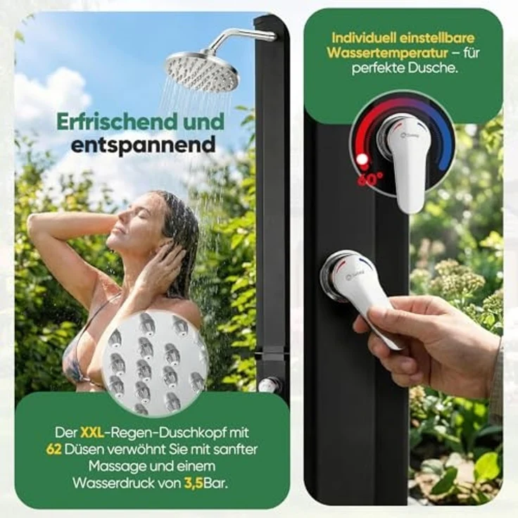 Sekey Solardusche 40L/ 60L Solar Gartendusche Pooldusche Campingdusche bis 60°C Wasser, 40L stromfreie Wassererwärmung, mit Direktanschluss für Gartenschlauch – Bild 4