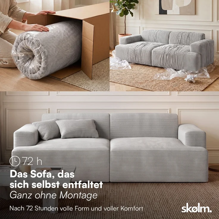skølm 'Freki' Cloud Sofa 2 Sitzer, Vollschaumcouch mit Federkern und Vakuum-Kompression, kein Aufbau erforderlich, mit 2 Kissen, Cord grau – Bild 3