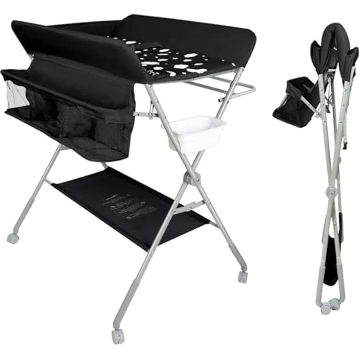 Baby Klappbarer Wickeltisch，Mobiler Wickeltisch mit Rollen und Wickelauflage,Wasserdicht und Höhenverstellbar，Baby Wickelkombi mit Ablagefächern-80 * 58 * 90 cm-schwarz – Bild 9