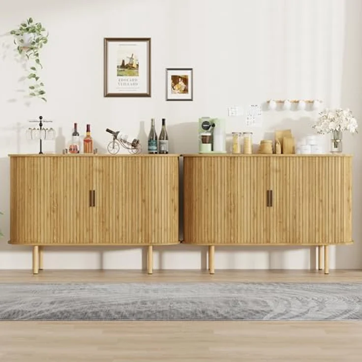 GarveeHome Ovales Sideboard, Buffet mit Schiebetüren, 2-stöckiger Wohnzimmerschrank mit verstellbaren Einlegeböden, für Wohnzimmer, 120 x 40 x 80 cm – Bild 6