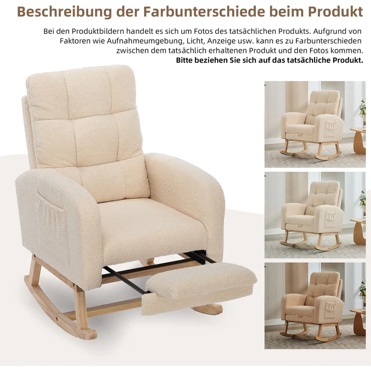 Schaukelstuhl Lammfell-Optik Beige mit hoher Rückenlehne und Armlehnen, ergonomischer Relaxsessel mit Massivholzgestell – Bild 7