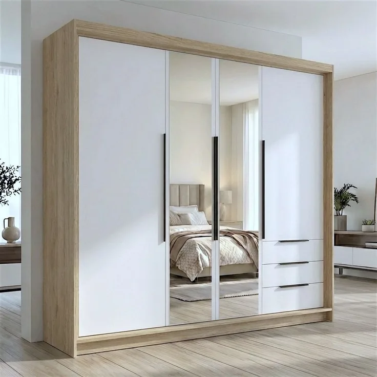 A&J MöbelLand GmbH Drehtürenschrank viertüriger Kleiderschrank mit Schubladen und Metallgriffen. (Geräumiger vier¬türiger Kleiderschrank mit Schubladen und Metallgriffen. Geräumiger Schrank mit einer Breite von 200 cm und Schubladen, ideal zur Aufbewah...