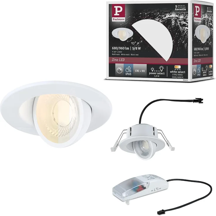 Paulmann LED-Einbauleuchte Zina 5/8 W Ø 9 cm dimmbar weiß matt
