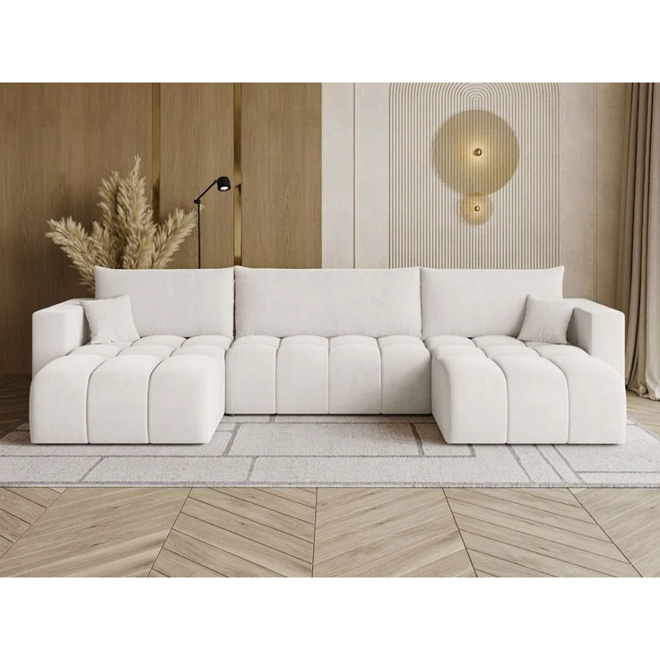 GRAINGOLD Ecksofa U-Form Neva U, Ecksofa mit Schlaffunktion, Bettkasten, mit losen Kissen, Velour-Stoff, Hellbeige – Bild 1