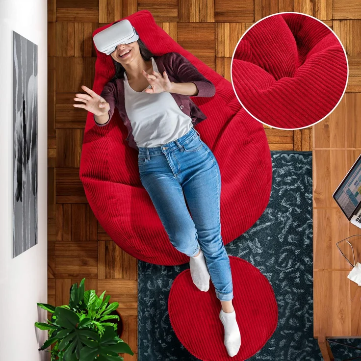 Green Bean® Sitzsack mit Hocker aus Cord - Sitzsäcke für das Wohnzimmer, Schlafzimmer, Sitzsack-Sessel für Erwachsene Rot – Bild 5