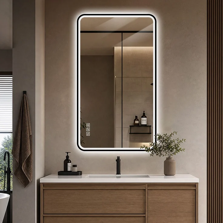 70×90cm LED Badezimmerspiegel mit schwarzem Aluminiumrahmen, Front- & Hintergrundbeleuchtung, Anti-Beschlag, 3 Lichtfarben, dimmbar, Memory-Funktion, horizontal & vertikal montierbar, IP44 wasserdich--Schwarz--90x70x4cm--YOUDENOVA – Bild 3