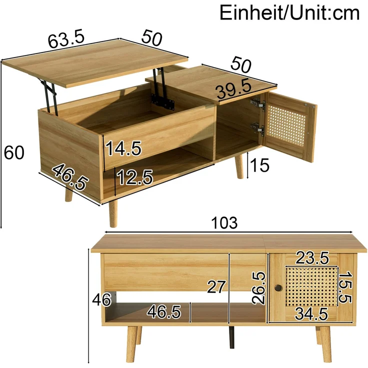 Merax Couchtisch mit anhebbarer Tischplatte und Rattan-Türen, Holzfarbe mit schwarzen Akzenten, Holzfarbe – Bild 4