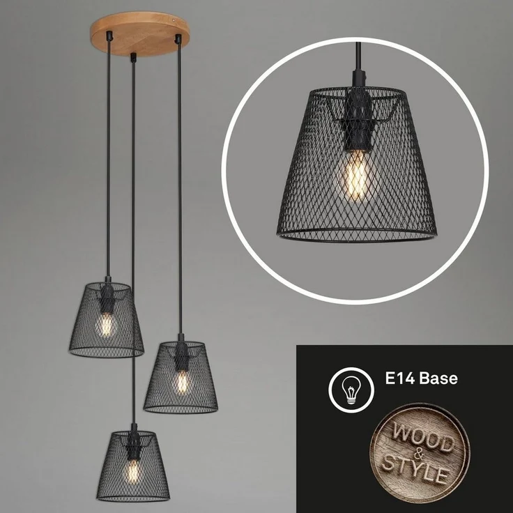 Briloner Leuchten Pendelleuchte Pendelleuchte TAUNUS, 3-flammig, retro/vintage, Metallschirm und Holz Basis, schwarz, 21 cm – Bild 5