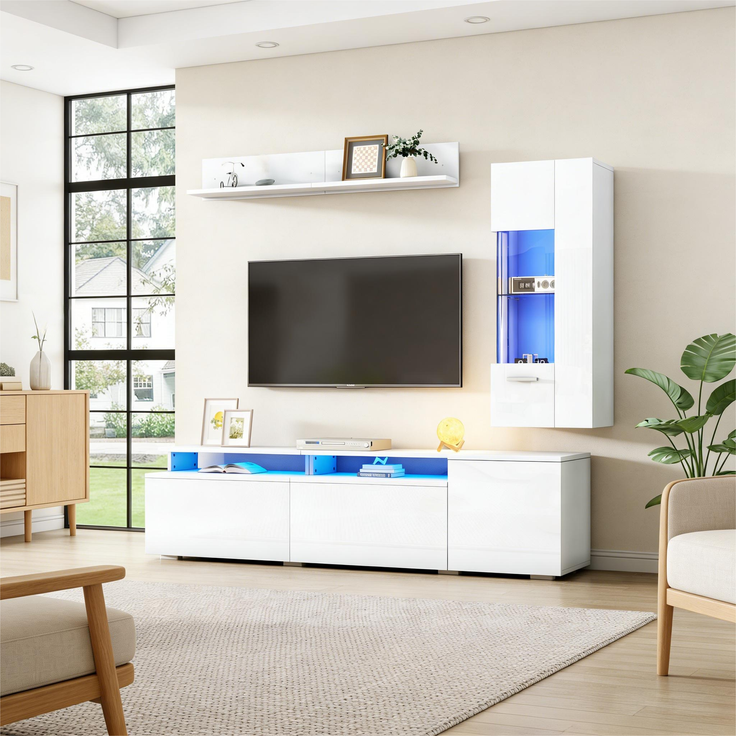 TV Wohnwand Set 3-teilig LED Beleuchtung Hochglanz Wohnzimmer Möbel Set Frontale Wohnwand 1 x TV Schrank, 1 x Wohnzimmer Vitrine, 1 x Hängeregal, TV bis 80' Weiß--Weiß--77.5x54.61x22cm--YOUDENOVA – Bild 3