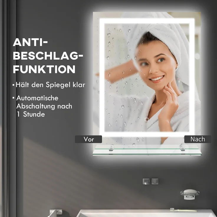 Kleankin Spiegel mit Beleuchtung, Touch-Schalter, Memory-Funktion (Wandspiegel, 1-St, Badezimmerspiegel), mit Anti-Beschlag, 70 x 50 cm – Bild 5