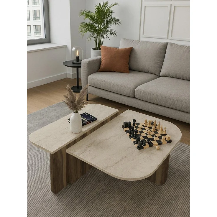 moebel17 Couchtisch 90×90 cm in Beige Braun Travertin-Optik, moderner L-Form Couchtisch (Packung, 1-St, Besteht aus 1 Couchtisch), Pflegeleichte Oberfläche, Granitoptik – Bild 3