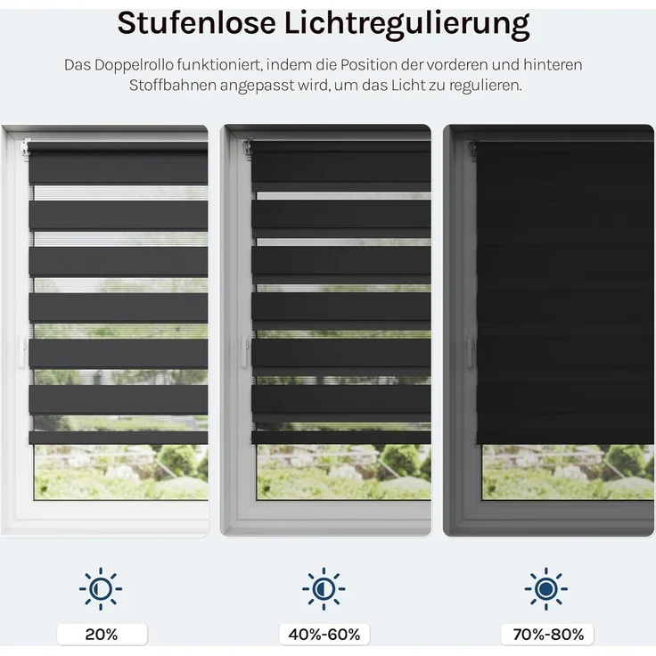 WOLTU Doppelrollo Klemmfix ohne Bohren Anthrazit B90 x H150 cm, Duo Rollo Zebrarollo Fensterrollo Klemmrollo Seitenzugrollo Easyfix lichtdurchlässig & verdunkelnd Rollos für Fenster und Tür – Bild 3