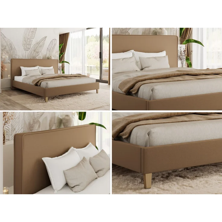 Design Polsterbett LUMARO CLASSIC 200x200 cm mit Lattenrost & 12cm hohen Füßen, Doppelbett mit Kopfteil, Konfigurierbar, Pocket Matratze - Braun Kunstleder - VIRE LUX – Bild 2