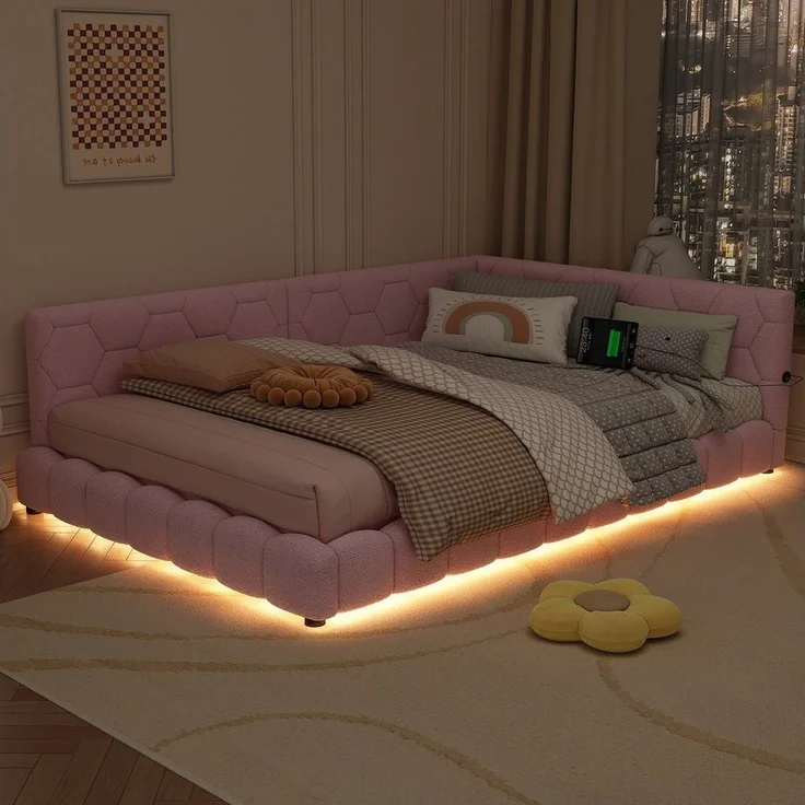 Flieks Polsterbett, LED Doppelbett Daybett Tagesbett Samt 140x200cm mit USB-Anschluss – Bild 2