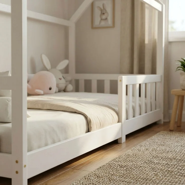 ecoMI Hausbett mit Rausfallschutz und Lattenrost, Kiefernholz weiß, 80x160 cm – Bild 3