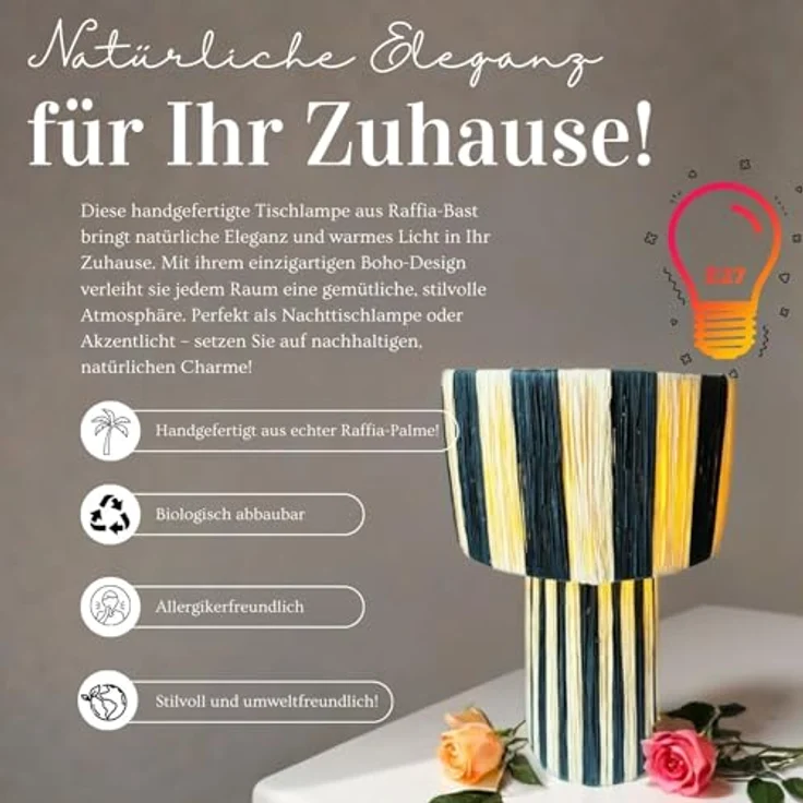 Marrakesch Tischlampe Morjana, Tischleuchte aus Raffia-Bast in Beige Schwarz, 42cm, E27 Fassung für Wohnzimmer, Schlafzimmer und Kinderzimmer Deko – Bild 4
