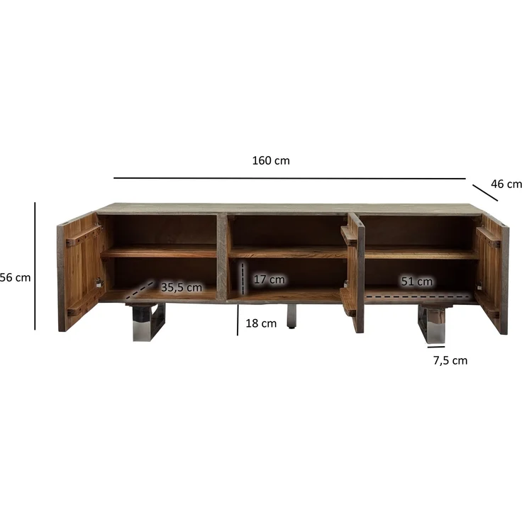 FINEBUY Lowboard FB111428 TV Schrank 160 cm Smoked Grey Holz Massiv Fernsehkommode Grau (drei Türen, 160 cm, Akazie Massivholz Smoked Grey), TV-Schrank Modern Fernsehtisch, TV-Kommode Hoch – Bild 3
